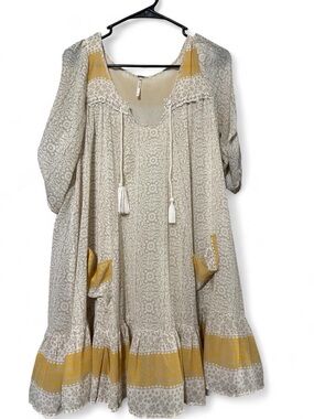 Free People Boho Tassel Split-Neck Dress in Beige and Mustard